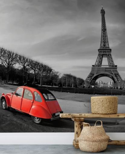 black and white photo of eiffel tower and red vintage car wallpaper
