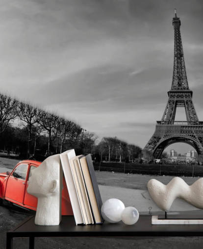 black and white photo of eiffel tower and red vintage car wallpaper