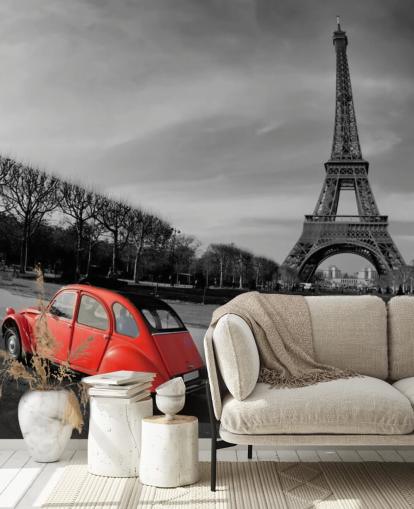 foto en blanco y negro de la torre eiffel y papel pintado rojo del coche vintage