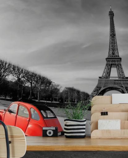 foto em preto e branco da torre eiffel e papel de parede vermelho do carro antigo foto em preto e branco da torre eiffel e papel de parede vermelho do carro antigo