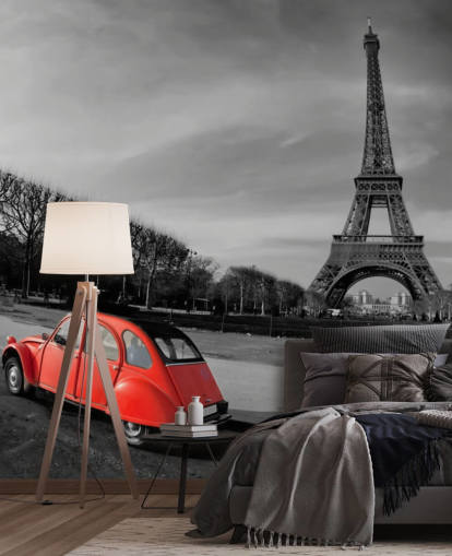 black and white photo of eiffel tower and red vintage car wallpaper black and white photo of eiffel tower and red vintage car wallpaper