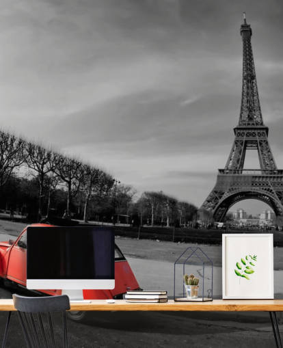 svart og hvitt bilde av Eiffeltårnet og rød vintage bil tapet