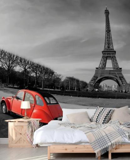 foto en blanco y negro de la torre eiffel y papel pintado rojo del coche vintage