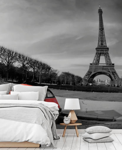 foto em preto e branco da torre eiffel e papel de parede vermelho do carro antigo