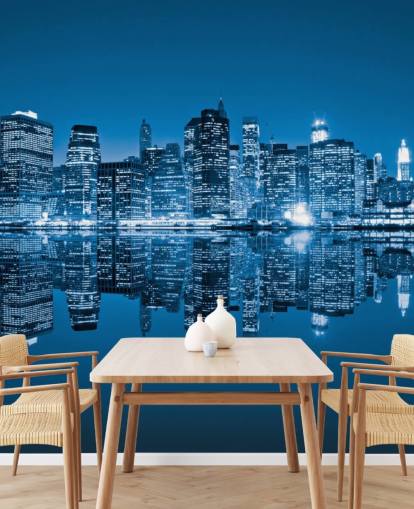 blauwe op maat gemaakte New York behangmuurschildering genaamd Manhattan, New York City voor woonkamers