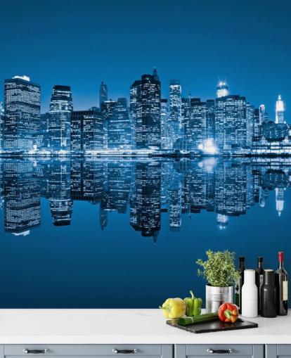 blå brugerdefineret New York tapetmaleri kaldet Manhattan, New York City til stuer