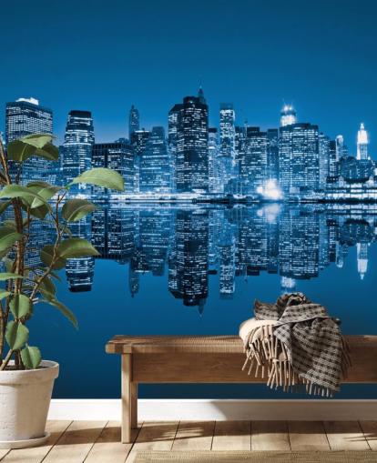 blauwe op maat gemaakte New York behangmuurschildering genaamd Manhattan, New York City voor woonkamers