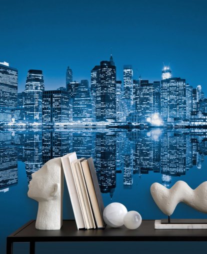 blauwe op maat gemaakte New York behangmuurschildering genaamd Manhattan, New York City voor woonkamers blauwe op maat gemaakte New York behangmuurschildering genaamd Manhattan, New York City voor woonkamers