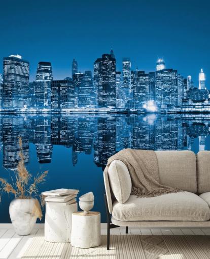 mural de papel pintado azul personalizado de Nueva York llamado Manhattan, Nueva York para salas de estar