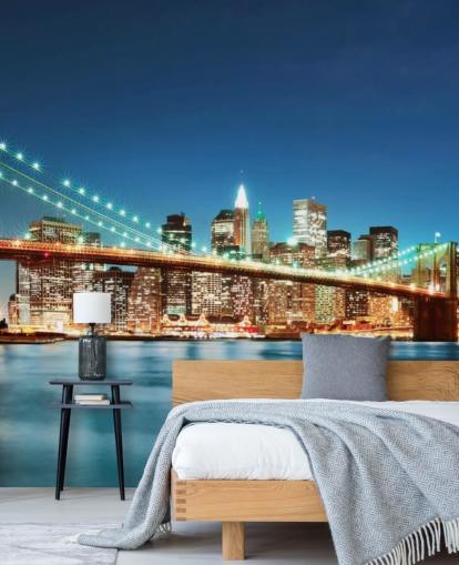 blue customizable New York wallpaper mural called Brooklyn Bridge at Night for living rooms