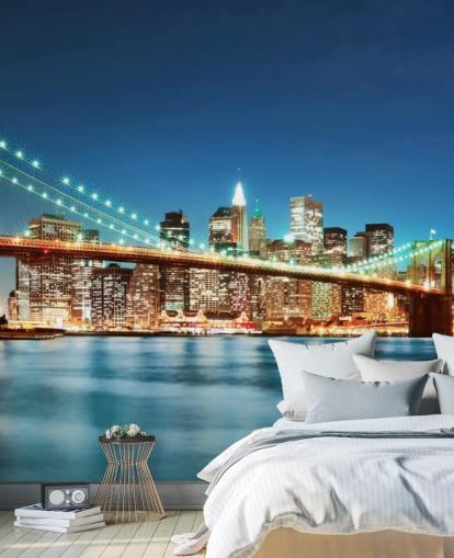 sininen muokattava New Yorkin taustakuvamaalaus nimeltä Brooklyn Bridge at Night olohuoneisiin sininen muokattava New Yorkin taustakuvamaalaus nimeltä Brooklyn Bridge at Night olohuoneisiin