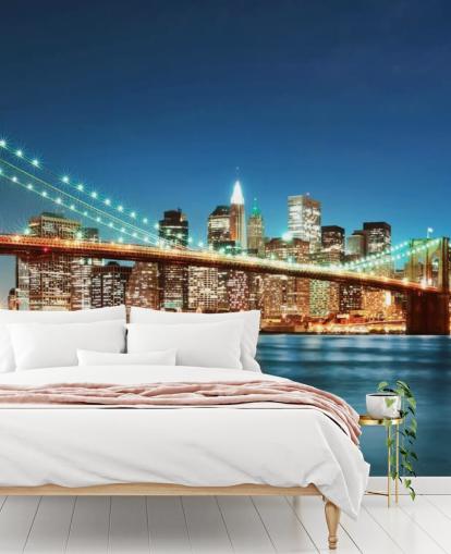carta da parati murale blu personalizzabile di New York chiamata Brooklyn Bridge at Night per salotti