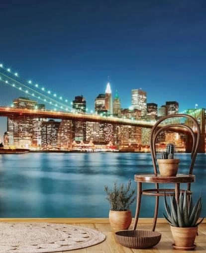 mural de papel pintado azul personalizable de Nueva York llamado Puente de Brooklyn de noche para salas de estar