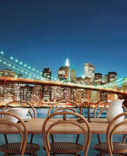 blått tilpassbart New York tapetmaleri kalt Brooklyn Bridge at Night for stuer