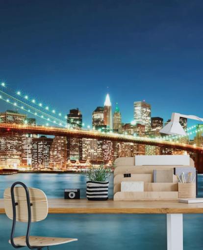 blue customizable New York wallpaper mural called Brooklyn Bridge at Night for living rooms blue customizable New York wallpaper mural called Brooklyn Bridge at Night for living rooms