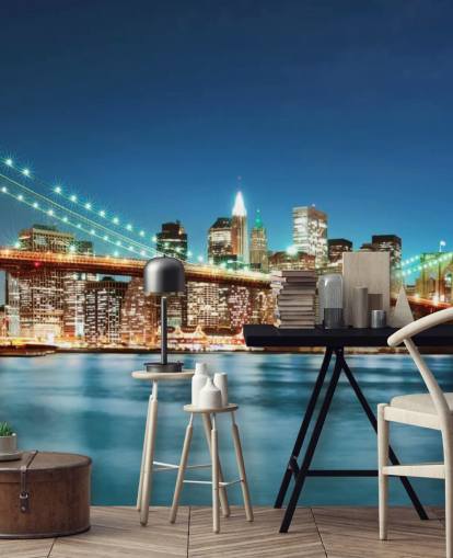 blå tilpasselig New York tapetmaleri kaldet Brooklyn Bridge at Night til stuer blå tilpasselig New York tapetmaleri kaldet Brooklyn Bridge at Night til stuer