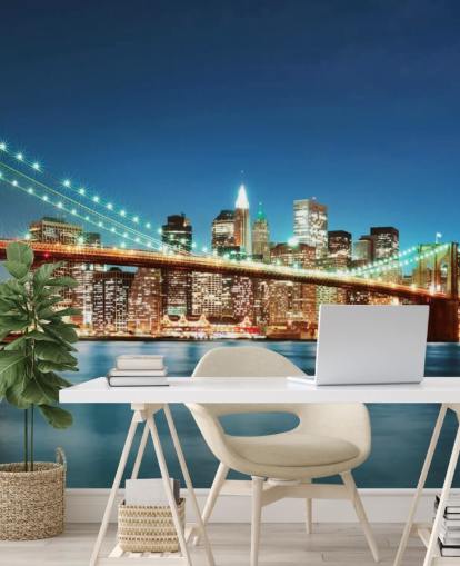 mural de papel pintado azul personalizable de Nueva York llamado Puente de Brooklyn de noche para salas de estar mural de papel pintado azul personalizable de Nueva York llamado Puente de Brooklyn de noche para salas de estar