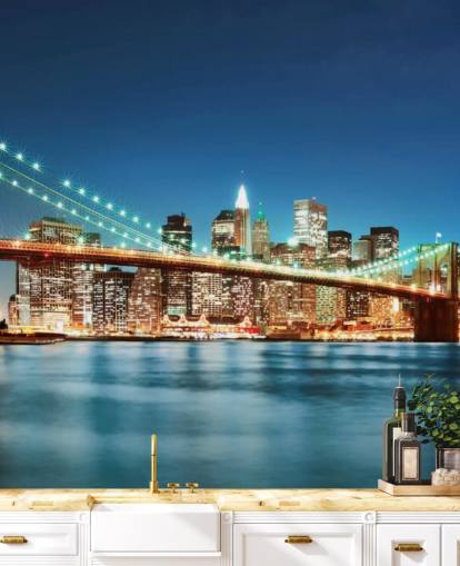 blå anpassningsbar New York tapetväggmålning som heter Brooklyn Bridge at Night för vardagsrum