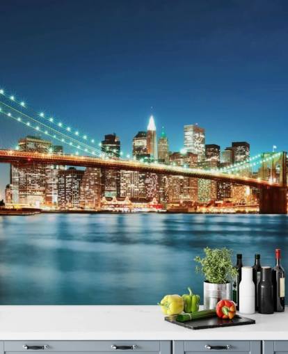 mural de papel pintado azul personalizable de Nueva York llamado Puente de Brooklyn de noche para salas de estar mural de papel pintado azul personalizable de Nueva York llamado Puente de Brooklyn de noche para salas de estar