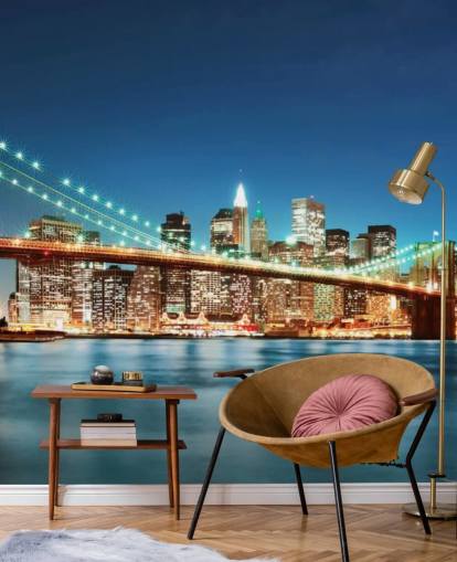 blue customizable New York wallpaper mural called Brooklyn Bridge at Night for living rooms