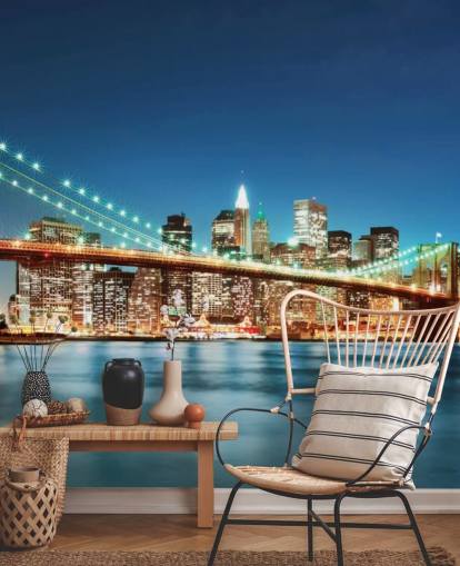 blue customisable New York wallpaper mural called Brooklyn Bridge at Night for living rooms