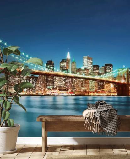 carta da parati murale blu personalizzabile di New York chiamata Brooklyn Bridge at Night per salotti