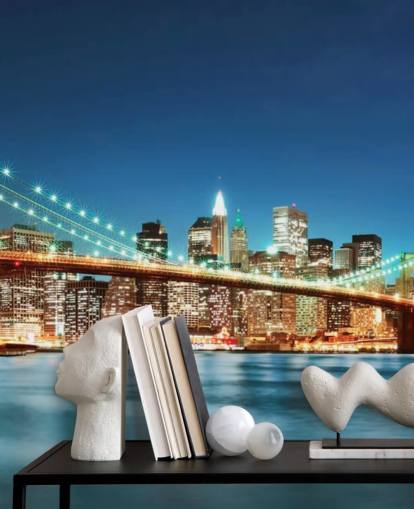 blå tilpasselig New York tapetmaleri kaldet Brooklyn Bridge at Night til stuer