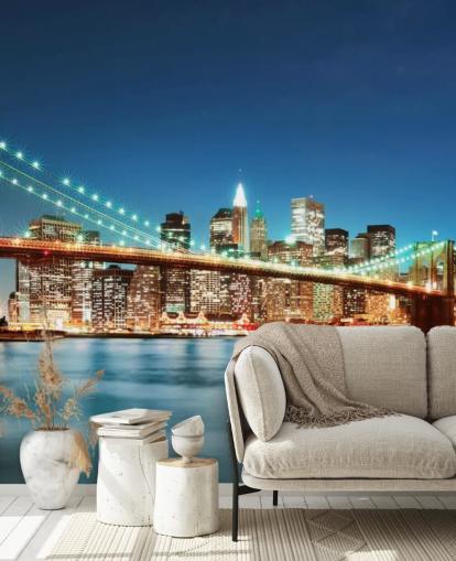 carta da parati murale blu personalizzabile di New York chiamata Brooklyn Bridge at Night per salotti carta da parati murale blu personalizzabile di New York chiamata Brooklyn Bridge at Night per salotti