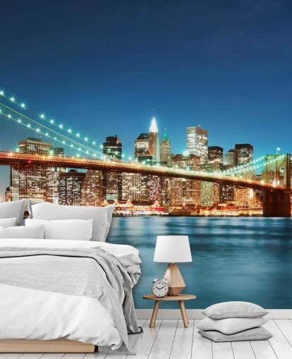 blått tilpassbart New York tapetmaleri kalt Brooklyn Bridge at Night for stuer