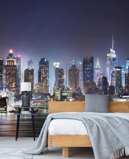 mural oscuro personalizable de papel pintado de Nueva York llamado New York Manhattan Skyline at Night para oficinas y salas de estar mural oscuro personalizable de papel pintado de Nueva York llamado New York Manhattan Skyline at Night para oficinas y salas de estar