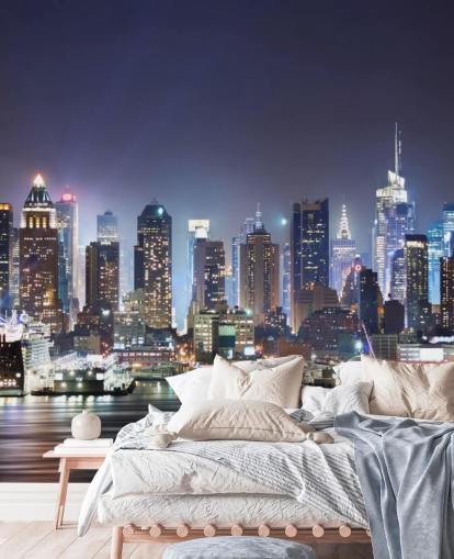 dark customisable New York wallpaper mural called New York Manhattan Skyline at Night for offices and living rooms