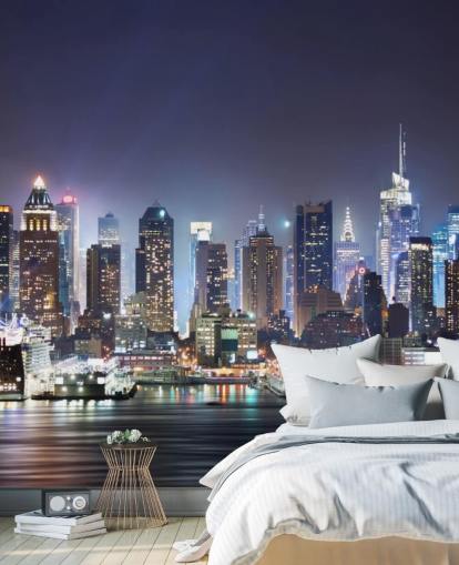 mural oscuro personalizable de papel pintado de Nueva York llamado New York Manhattan Skyline at Night para oficinas y salas de estar