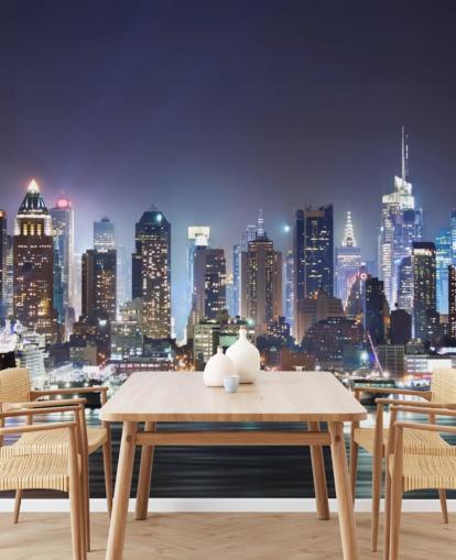 donkere aanpasbare New Yorkse behangmuurschildering genaamd New York Manhattan Skyline at Night voor kantoren en woonkamers