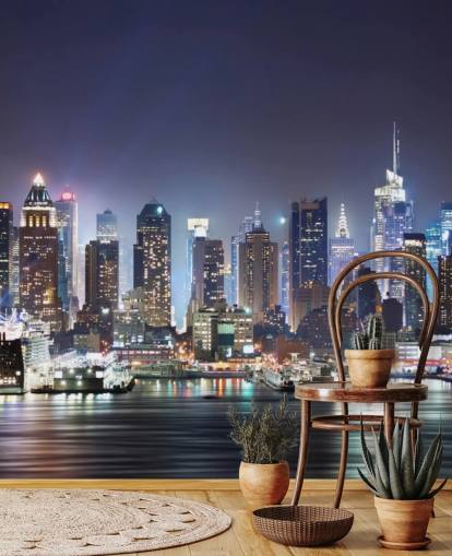 dark customizable New York wallpaper mural called New York Manhattan Skyline at Night for offices and living rooms