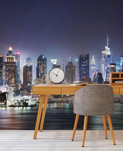 mørkt tilpasseligt New York tapetmaleri kaldet New York Manhattan Skyline at Night til kontorer og stuer