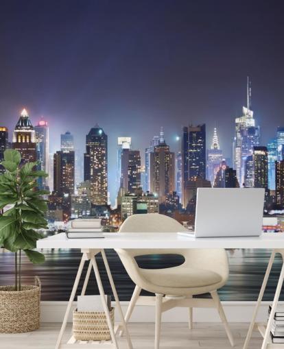 papier peint mural de New York foncé personnalisable appelé New York Manhattan Skyline at Night pour les bureaux et les salons