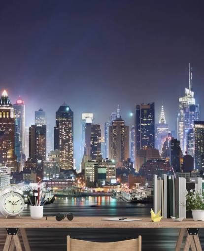 dark customisable New York wallpaper mural called New York Manhattan Skyline at Night for offices and living rooms
