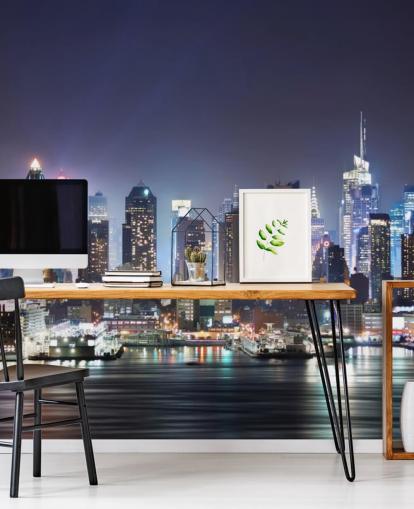 mörk anpassningsbar New York tapetväggmålning som heter New York Manhattan Skyline at Night för kontor och vardagsrum