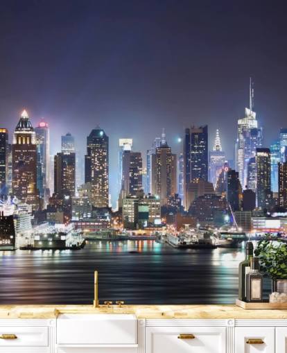 tumma muokattava New Yorkin taustakuvamaalaus nimeltä New York Manhattan Skyline at Night toimistoihin ja olohuoneisiin tumma muokattava New Yorkin taustakuvamaalaus nimeltä New York Manhattan Skyline at Night toimistoihin ja olohuoneisiin