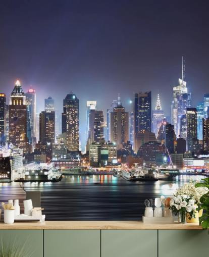 mural de papel de parede escuro personalizável de Nova York chamado New York Manhattan Skyline at Night para escritórios e salas de estar mural de papel de parede escuro personalizável de Nova York chamado New York Manhattan Skyline at Night para escritórios e salas de estar