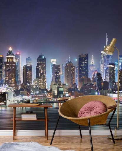 mørkt tilpasseligt New York tapetmaleri kaldet New York Manhattan Skyline at Night til kontorer og stuer