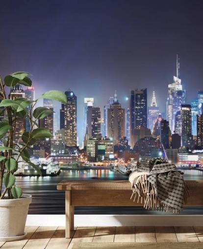 mörk anpassningsbar New York tapetväggmålning som heter New York Manhattan Skyline at Night för kontor och vardagsrum