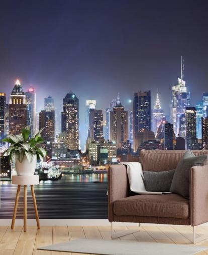 carta da parati murale scura personalizzabile di New York chiamata New York Manhattan Skyline at Night per uffici e salotti