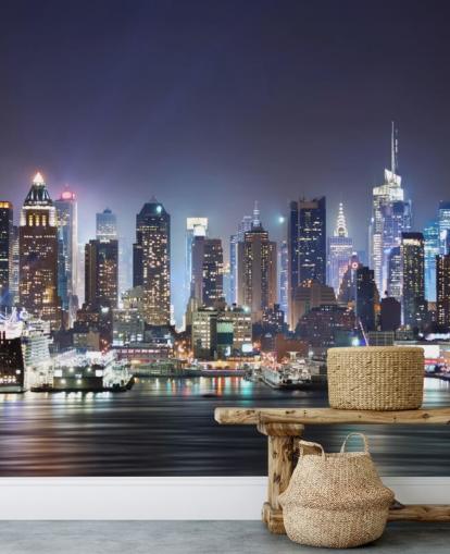 carta da parati murale scura personalizzabile di New York chiamata New York Manhattan Skyline at Night per uffici e salotti carta da parati murale scura personalizzabile di New York chiamata New York Manhattan Skyline at Night per uffici e salotti