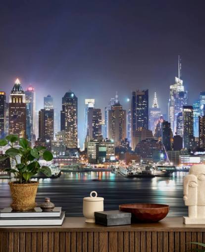 dunkles, personalisierbares New Yorker Tapeten-Wandbild mit dem Titel New York Manhattan Skyline at Night für Büros und Wohnzimmer