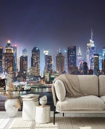 donkere aanpasbare New Yorkse behangmuurschildering genaamd New York Manhattan Skyline at Night voor kantoren en woonkamers donkere aanpasbare New Yorkse behangmuurschildering genaamd New York Manhattan Skyline at Night voor kantoren en woonkamers