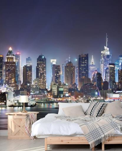 tumma muokattava New Yorkin taustakuvamaalaus nimeltä New York Manhattan Skyline at Night toimistoihin ja olohuoneisiin