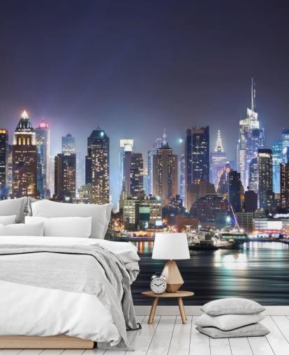 mural de papel de parede escuro personalizável de Nova York chamado New York Manhattan Skyline at Night para escritórios e salas de estar mural de papel de parede escuro personalizável de Nova York chamado New York Manhattan Skyline at Night para escritórios e salas de estar