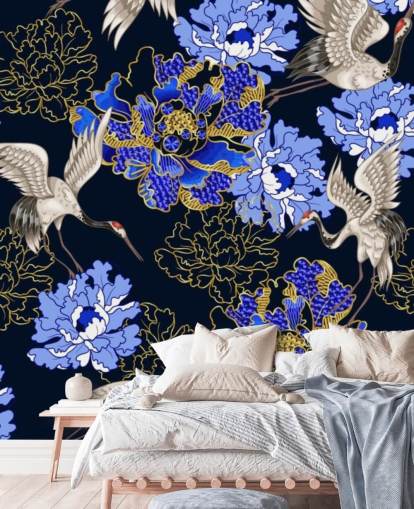 flores azules sobre fondo oscuro y papel tapiz de grullas flores azules sobre fondo oscuro y papel tapiz de grullas