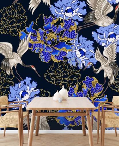 blue florals against dark background and cranes wallpaper